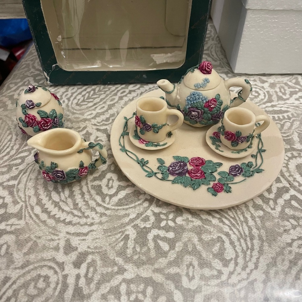Vintage 1995 Popular Imports Miniature Tea Set Polystone Resin Floral Rose 10pc